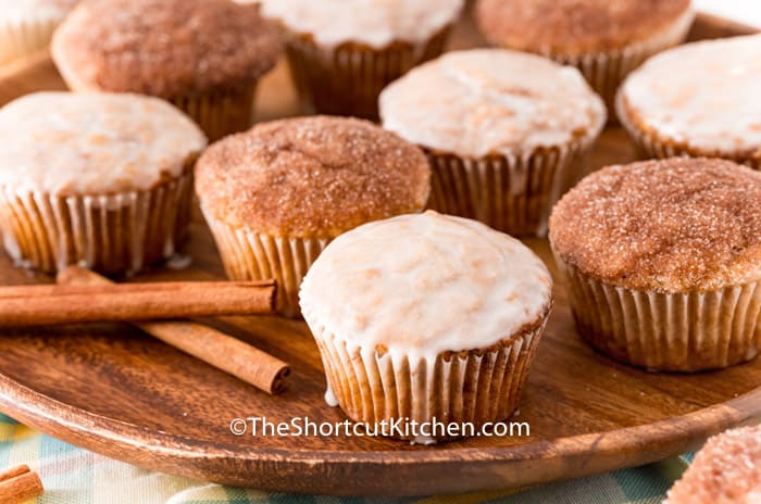 Cinnamon Sugar Muffins on a wooden platter