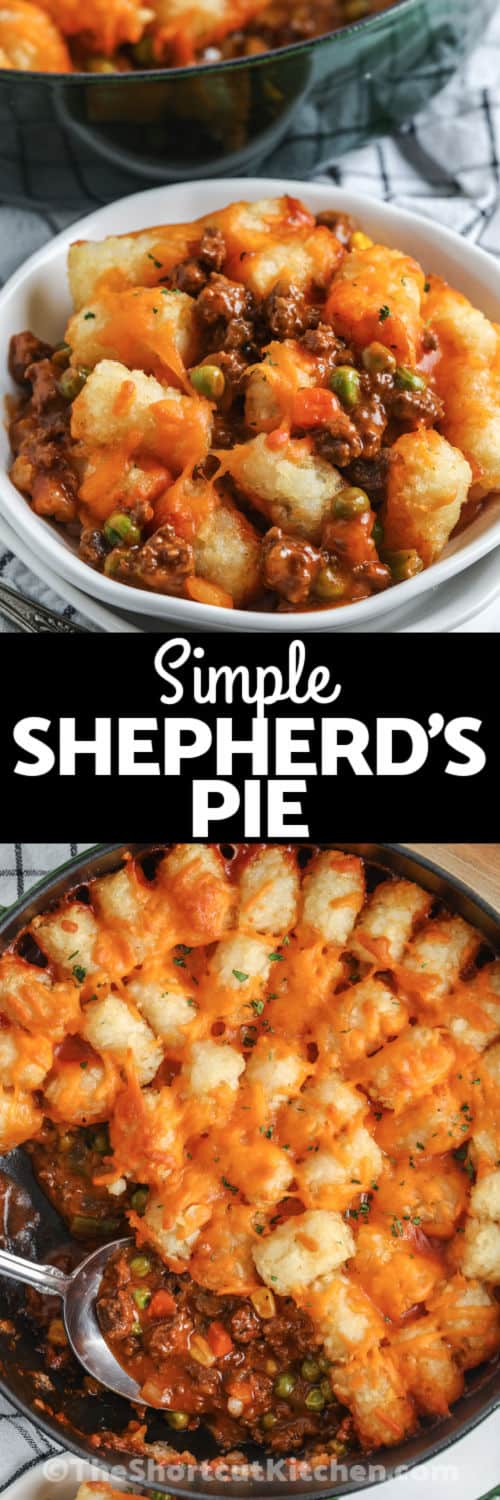 Shortcut Shepherd's Pie in the pot and plated with a title