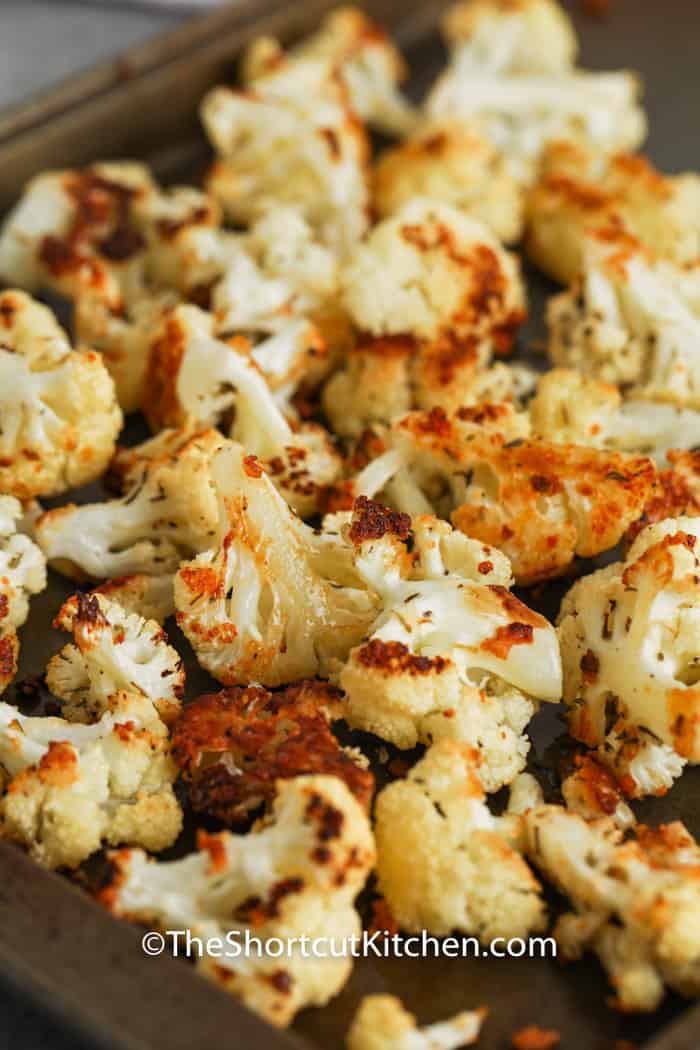 close up of Roasted Cauliflower on a baking sheet