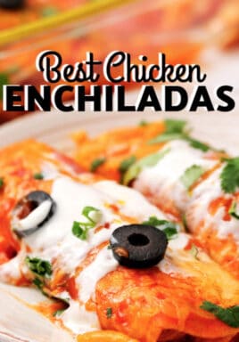 plated Southwest Shredded Chicken Enchiladas with a title