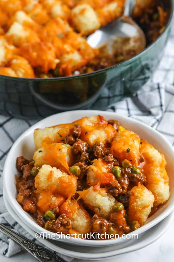 plated Shortcut Shepherd's Pie with pot full in the back