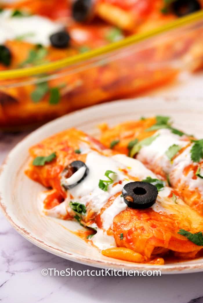 Southwest Shredded Chicken Enchiladas on a plate