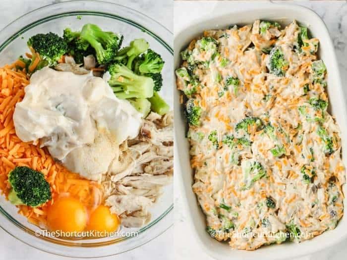 process of adding ingredients to the casserole dish to make Chicken Broccoli Casserole
