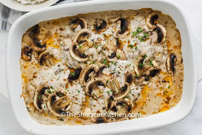 top view of cooked Mushroom Hamburger Steak And Gravy in a casserole dish