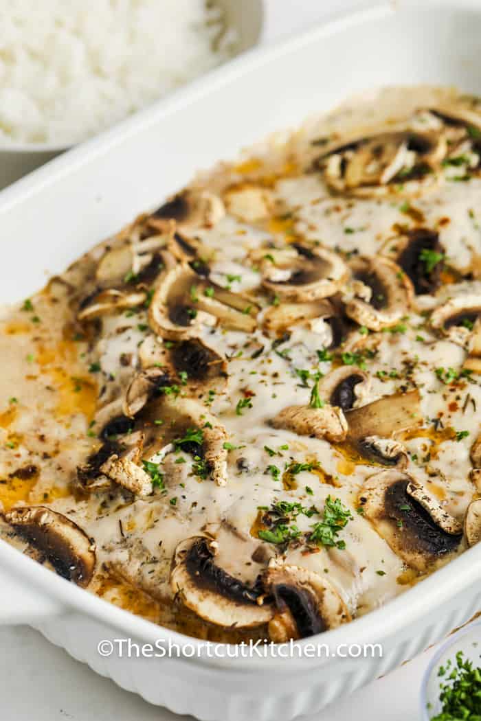 casserole dish full of Mushroom Hamburger Steak And Gravy