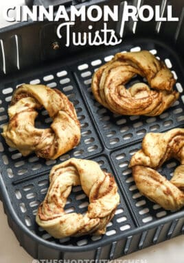 Air Fryer Cinnamon Twists in the air fryer with writing