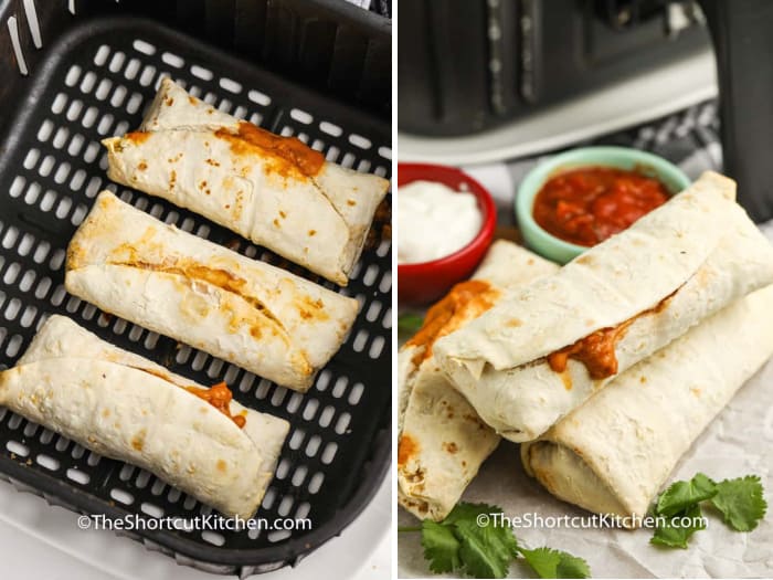 Cooked Air Fryer Frozen Burritos in the air fryer basket, and burritos piled up after cooking with dips