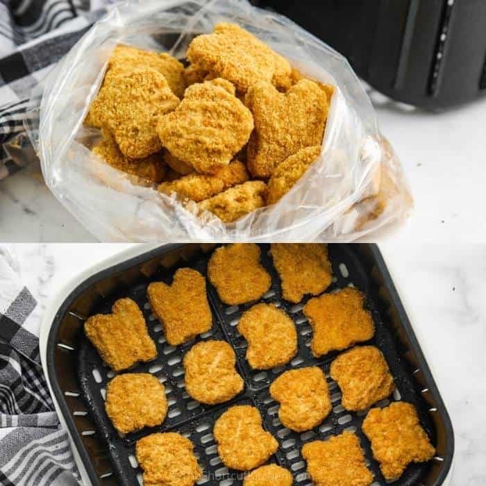 process of adding Air Fryer Frozen Chicken Nuggets to the air fryer