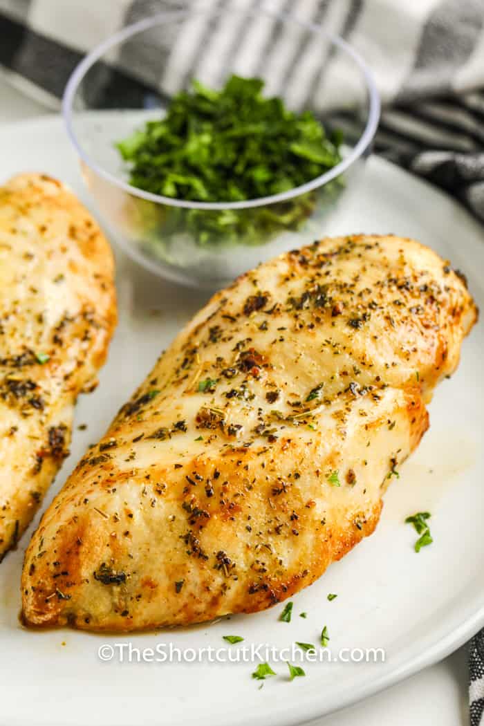 plated cooked Air Fryer Frozen Chicken Breasts