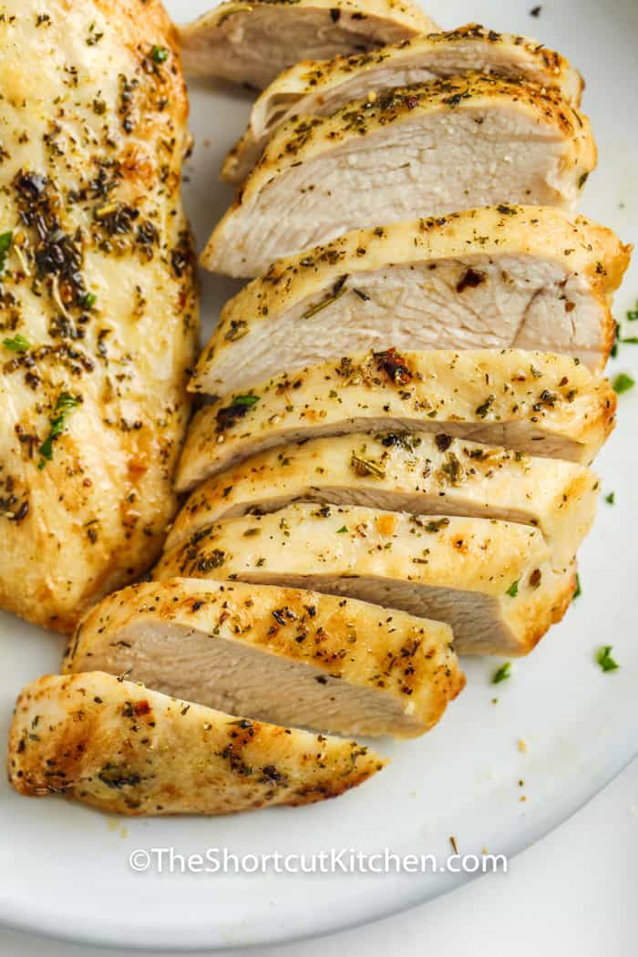 sliced plated Air Fryer Frozen Chicken Breasts