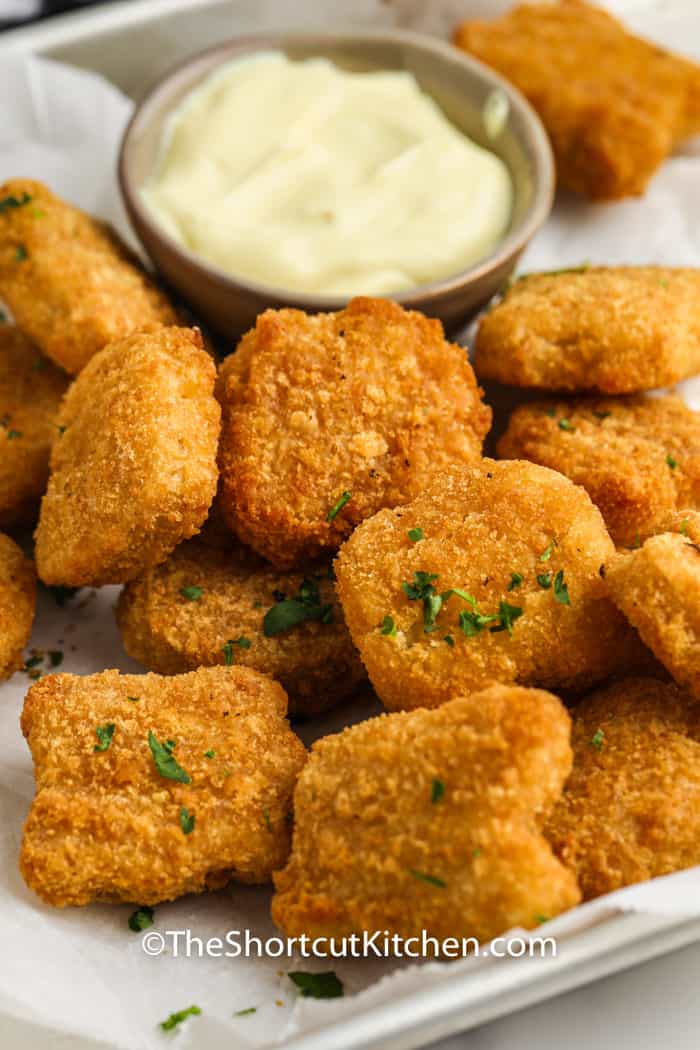 plated Air Fryer Frozen Chicken Nuggets with dip