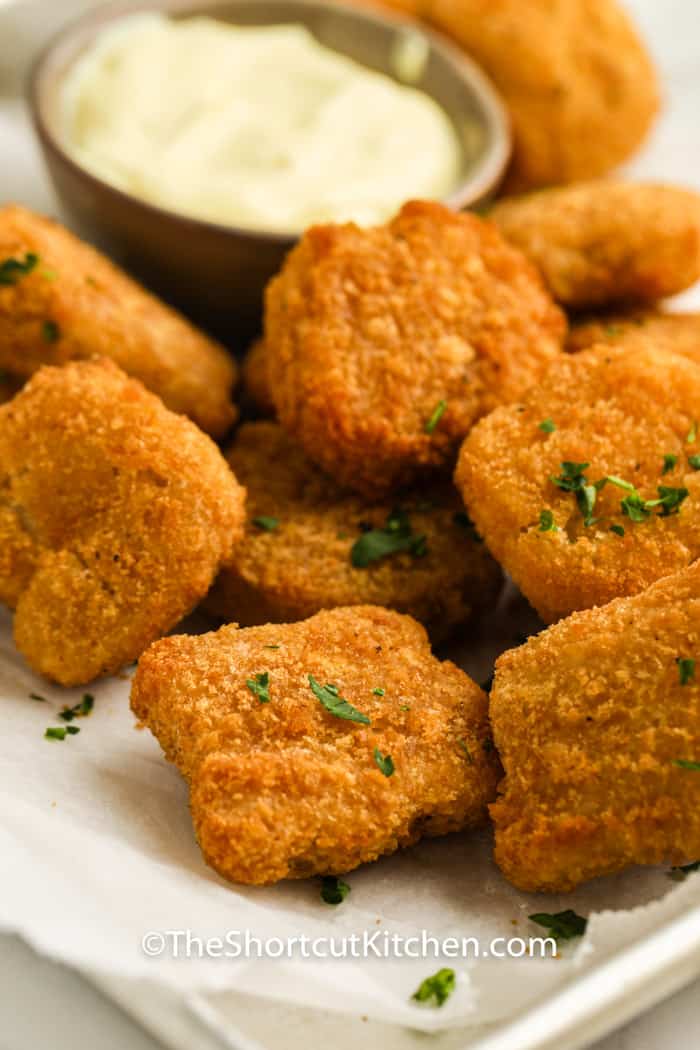 close up of Air Fryer Frozen Chicken Nuggets