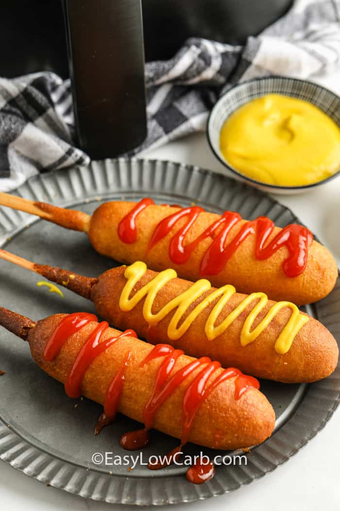 Air Fryer Frozen Corn Dogs on a plate with mustard dip