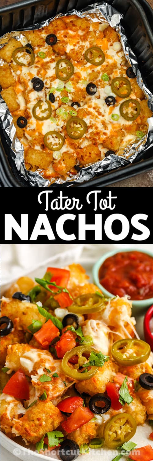 Air Fryer Nachos in a foil lined air fryer basket, and Air Fryer Nachos served on a white plate under the title.