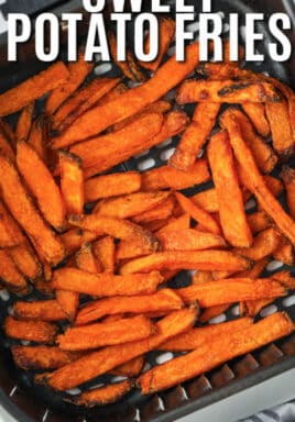 cooked Air Fryer Frozen Sweet Potato Fries with writing