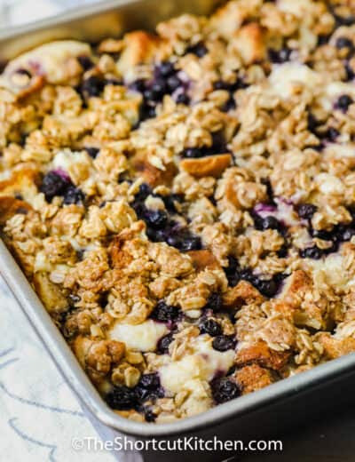 Blueberry Overnight French Toast Bake baked in the dish