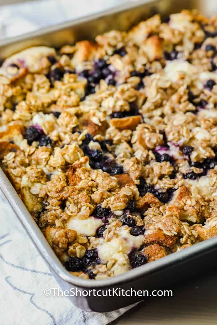 Blueberry Overnight French Toast Bake baked in the dish