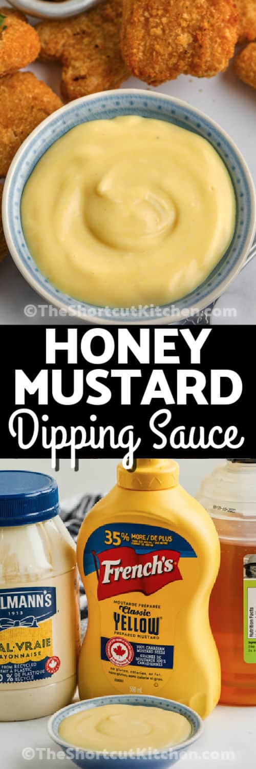 ingredients to make Quick Honey Mustard Sauce Recipe with finished dish and a title