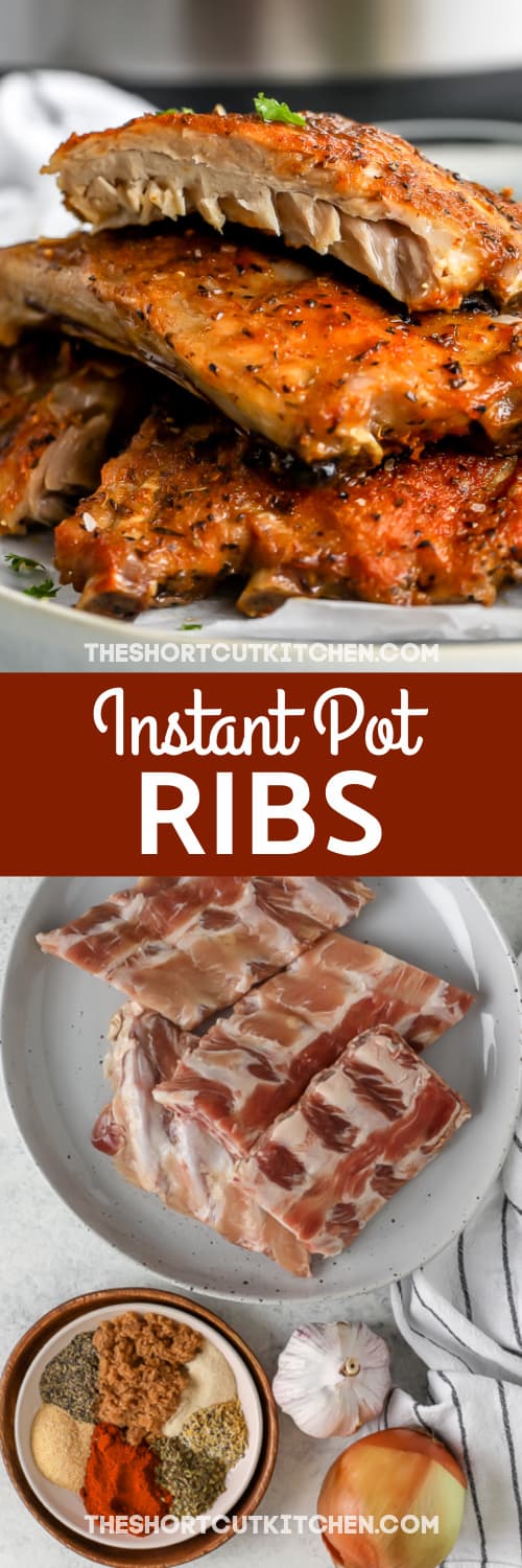 stack of cooked ribs and raw ribs with ingredients with text