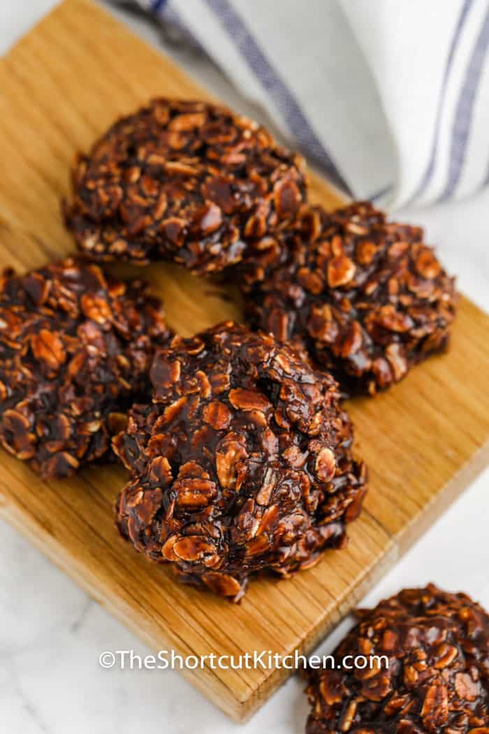 No Bake Chocolate Peanut Butter Oatmeal Cookies on a wooden board