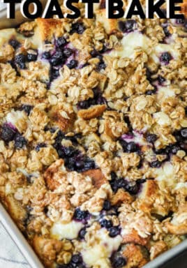 Blueberry Overnight French Toast Bake in a casserole dish with writing