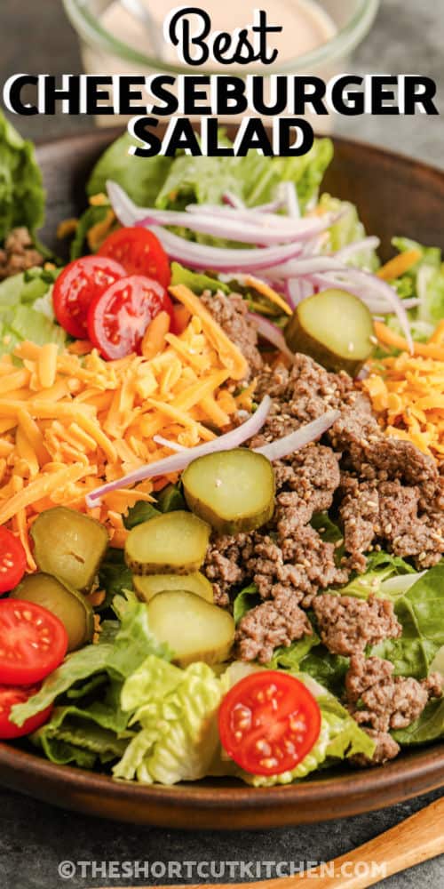 plated Cheeseburger Salad with writing