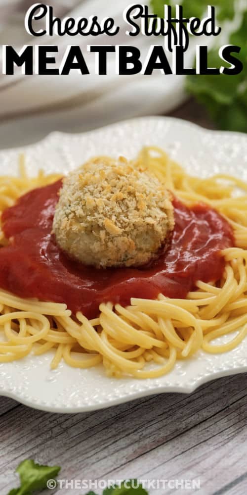 plated Chicken Parmesan Meatballs with writing