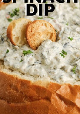 Easy Spinach Dip in a bread bowl with a title