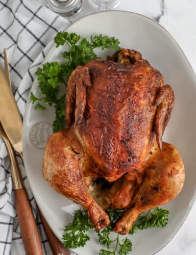 cooked rotisserie chicken with parsley