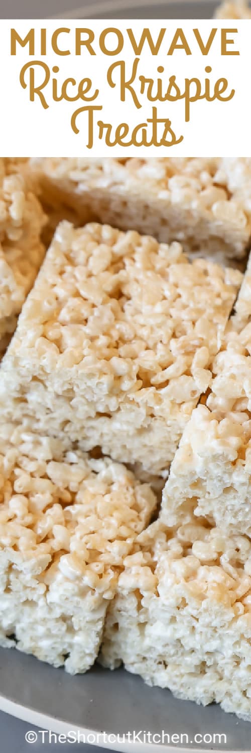 pile of rice krispie treats with text