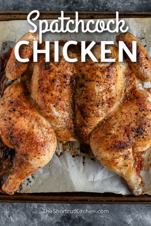 spatchcocked chicken on tray with text