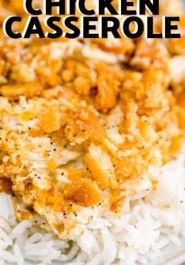 plated Chicken Poppyseed Casserole with rice and writing