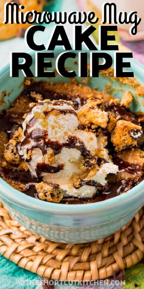 close up of Chocolate Chip Cookie Mug Cake with a title