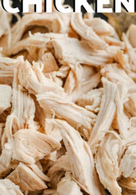 close up of Easy Shredded Chicken with writing