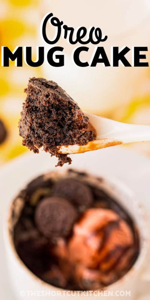 close up of Oreo Mug Cake on a spoon with a title