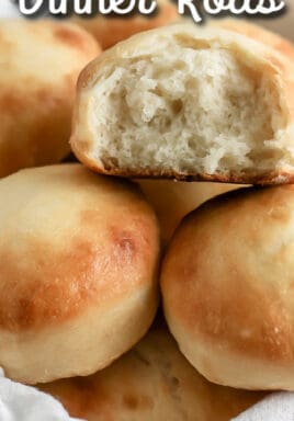close-up of dinner rolls in a basket with text