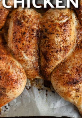 cooked chicken on tray with text