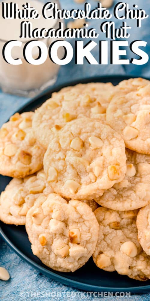 White Chocolate Macadamia Nut Cookie on a plate with a title