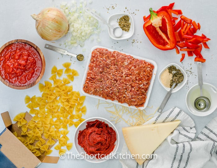 ingredients on a table to make Sausage and Peppers Pasta