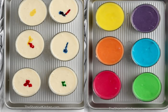 process of adding different colours to cupcake batter