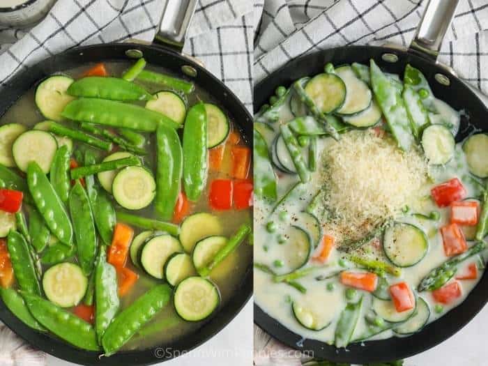 Two images showing the steps to make the creamy sauce and vegetables for pasta primavera