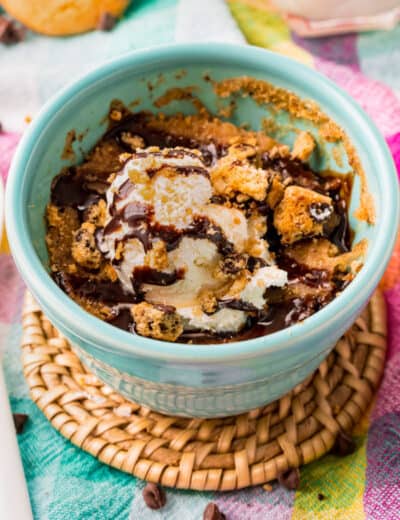 cooked and plated Chocolate Chip Cookie Mug Cake