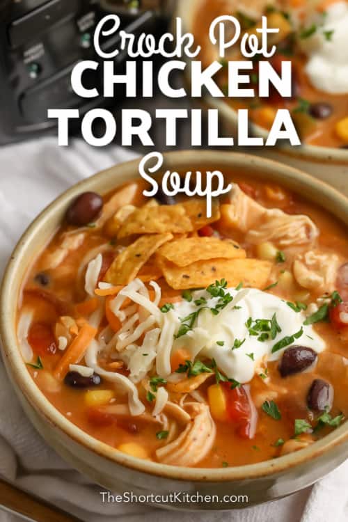 crock pot chicken tortilla soup in bowl with text