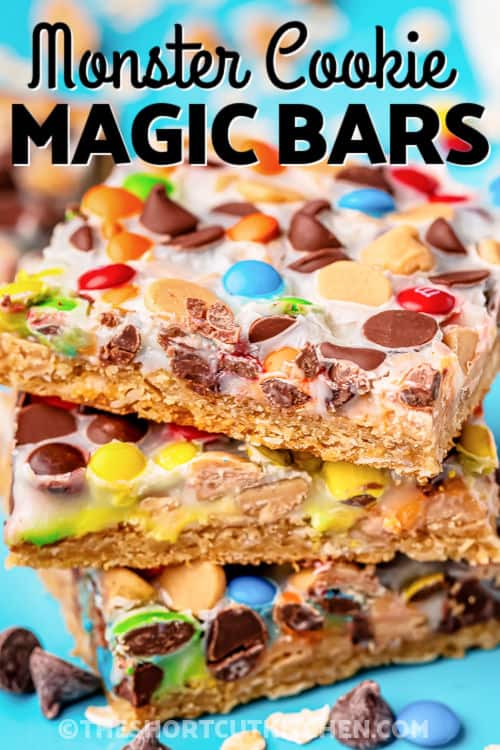 three monster cookie magic bars stacked with text