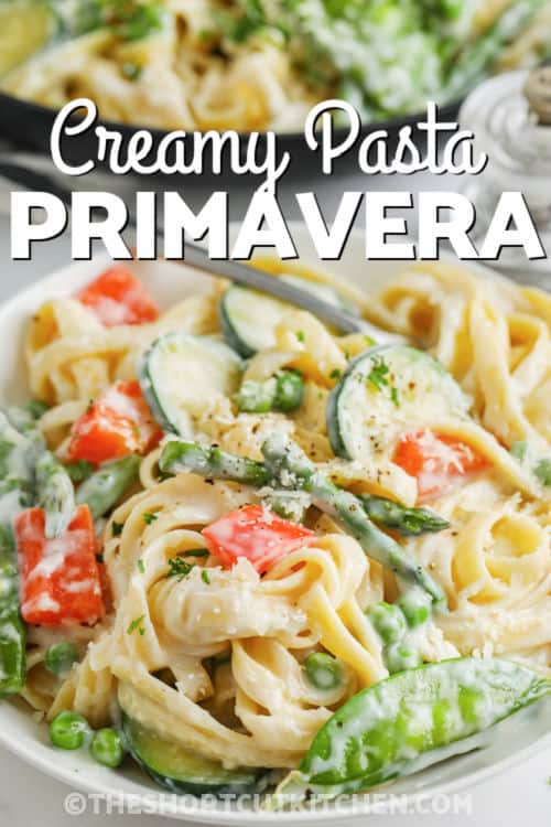 a bowl of pasta primavera with text