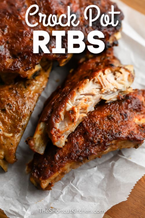 crock pot ribs on a cutting board with text