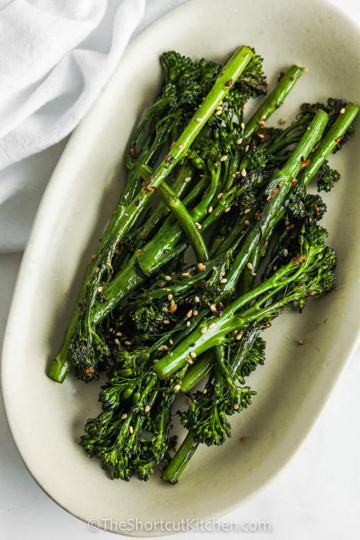 top view of Roasted Broccolini on a plate