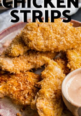 Crispy Coconut Chicken Strips plates with dipping sauce and text