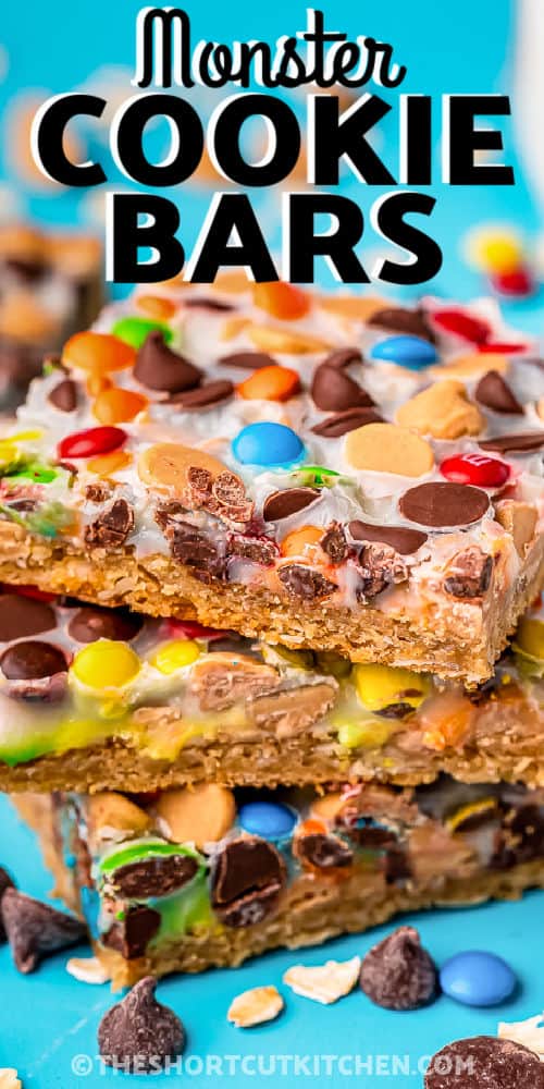 a stack of three monster cookie bars with text