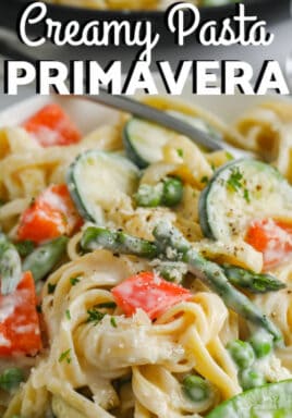 a serving of pasta primavera with text